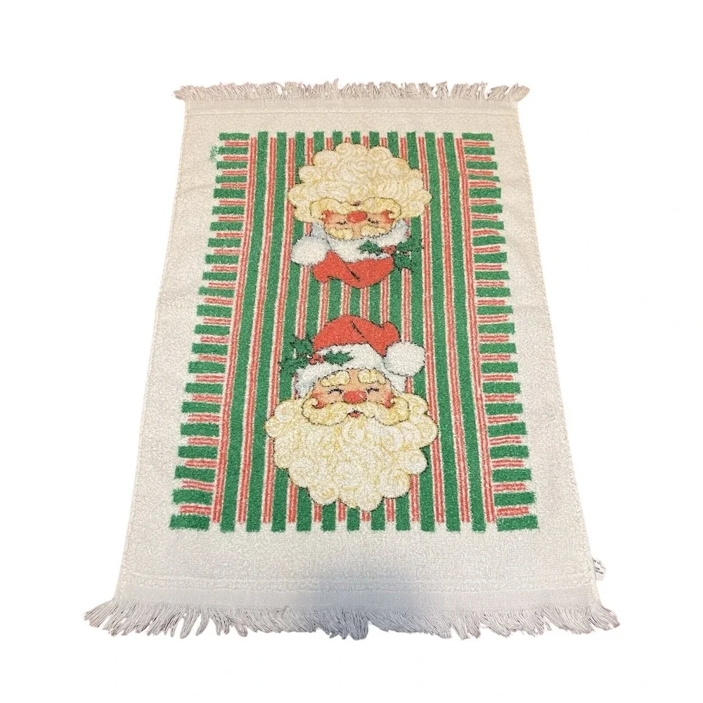 Vintage Santa Christmas candy stripe hand towel green‎ red USA MCM Cotton